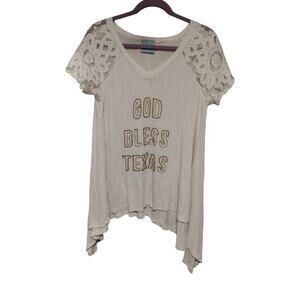 Judith March Shirt Womens Medium White Lace Sleeve Beaded God Bless Texas V Neck